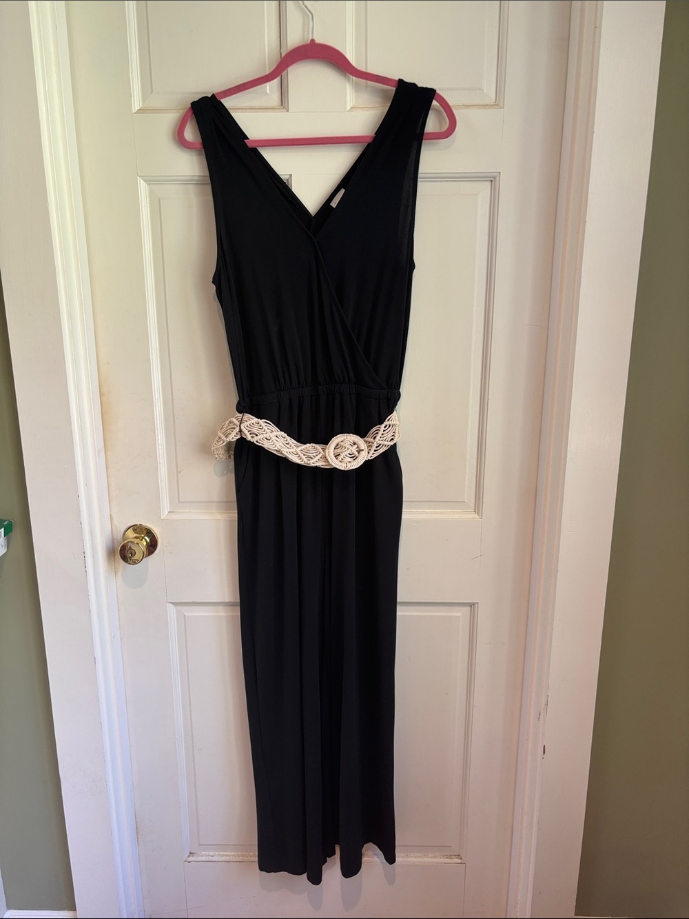 A New Day Black Sleeveless Jumpsuit with Cream Crochet Belt
